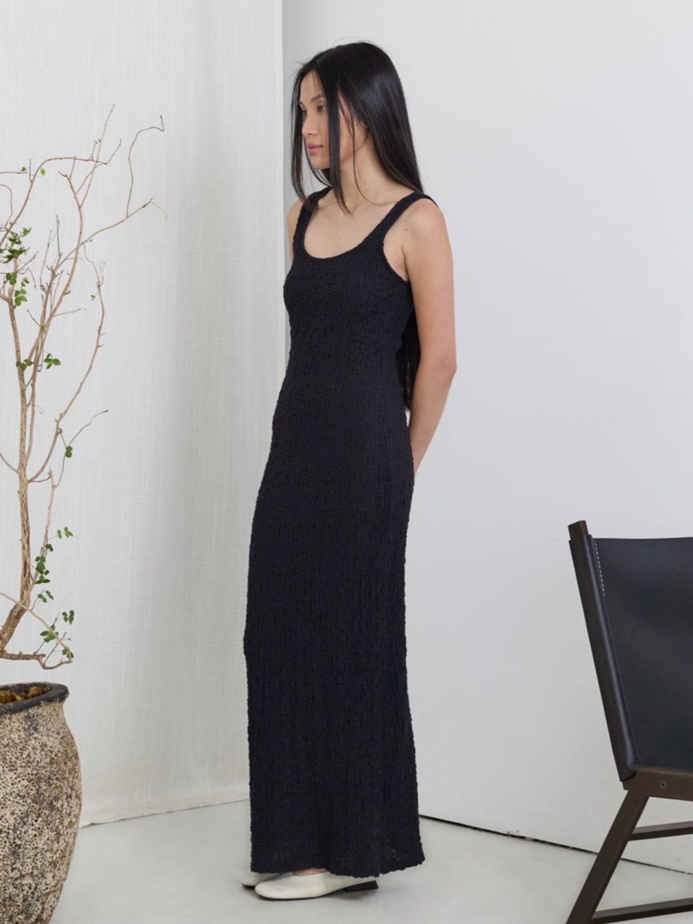 Claudia Dress - Black Textured Tank Maxi With Back Slit